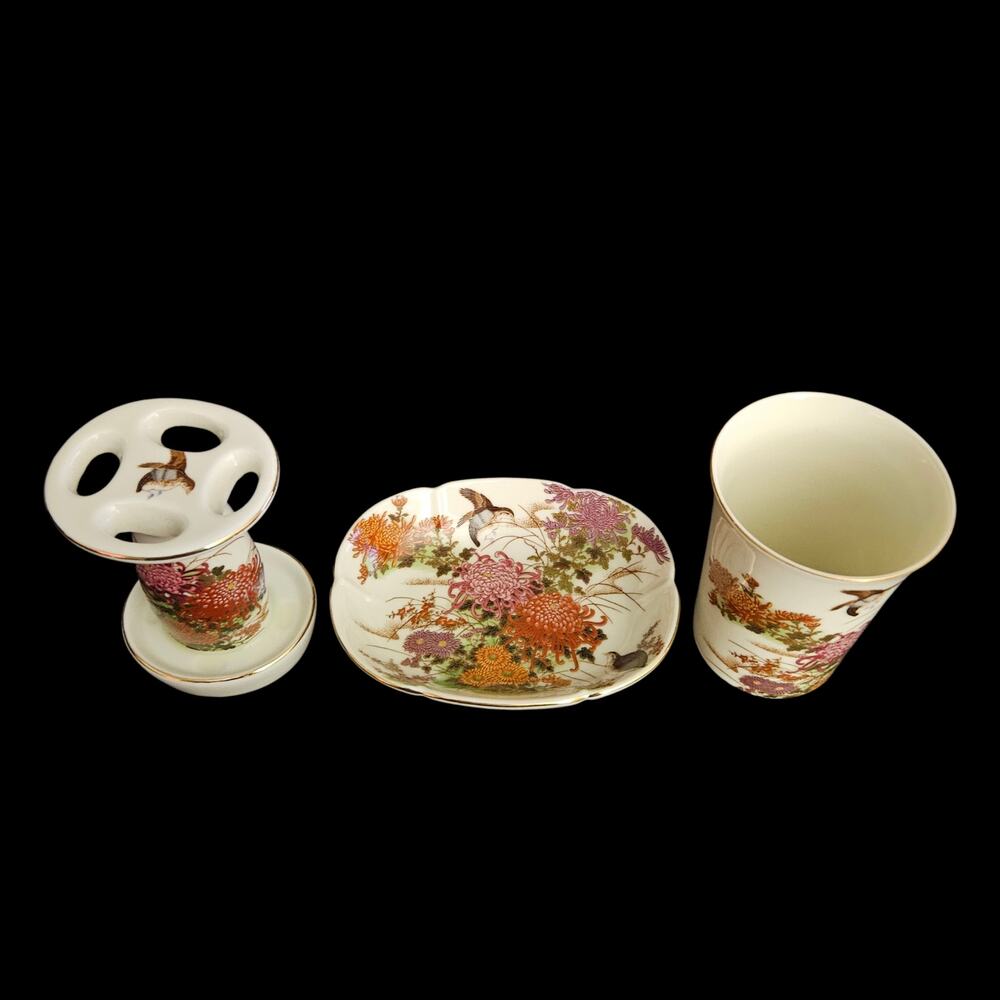 Vintage Shibata Japan 3 Pc Porcelain Bathroom Vanity Set Floral Bird